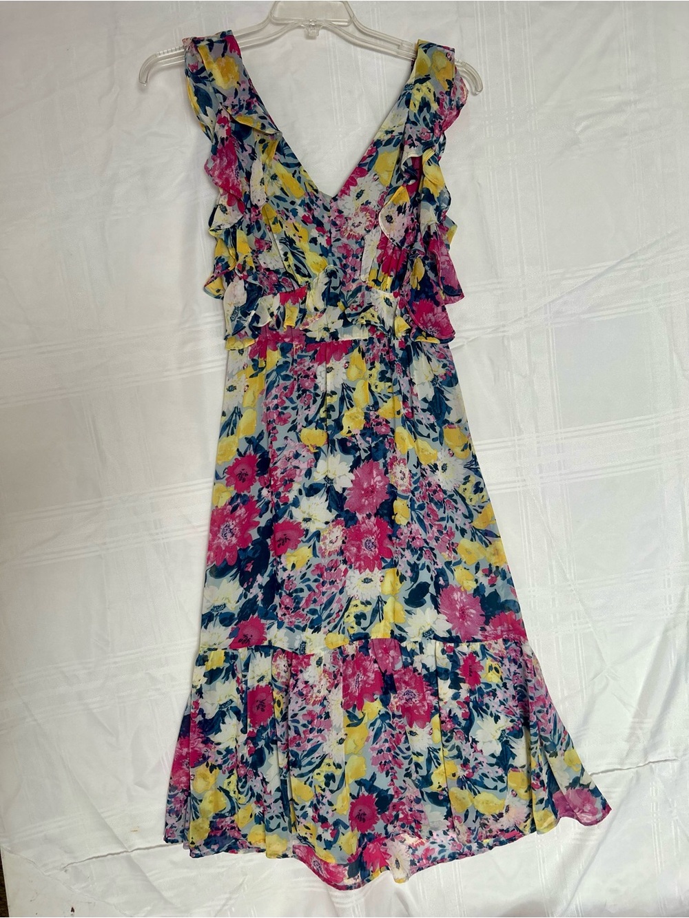 LC Lauren Conrad Floral Midi Dress in Pink, Yellow & Blue, back keyhole, ruffles